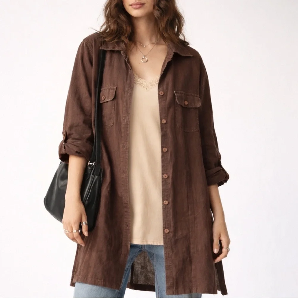 Y2K WEAR IT Brown Oversized Linen Tunic Shirt Jacket Lagenlook Earthy Boho Sz 0 - Picture 1 of 14